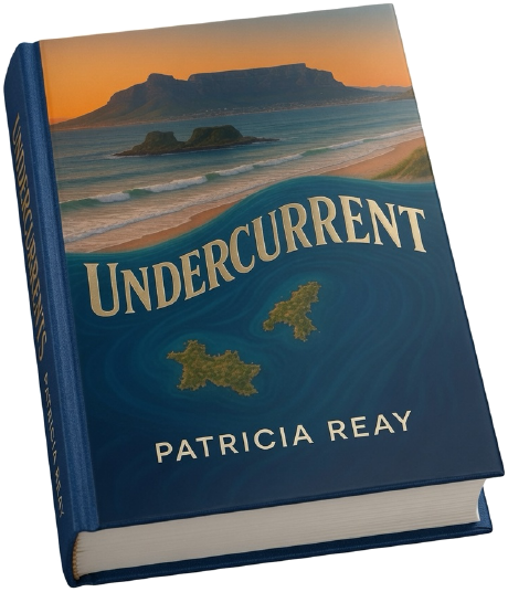 Undercurrent by Patricia Reay, hardback edition: Table Mountain at sunset above a wave-shaped division, with deep blue water and two small islands below.